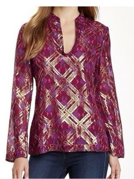 Women’s Tory Burch Lame Plaid Silk Chiffon Tunic Top- Size 0